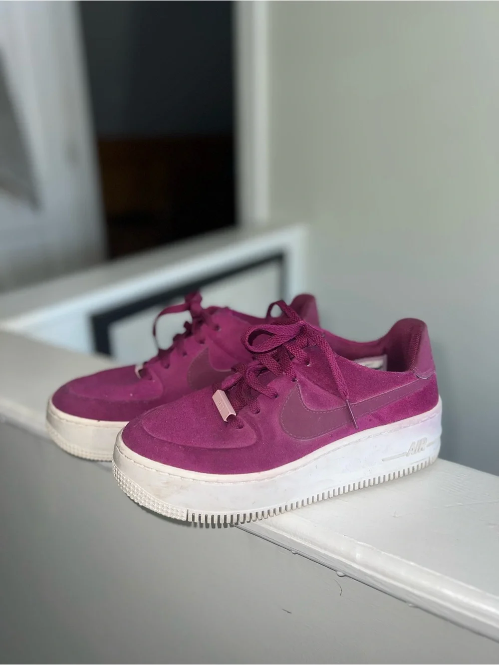 Nike Women’s Fuchsia Suede Air Force Ones White Platform Sole